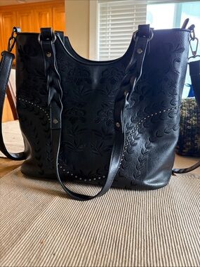 Black Embroidered Shoulder Tote with Stud Detailing